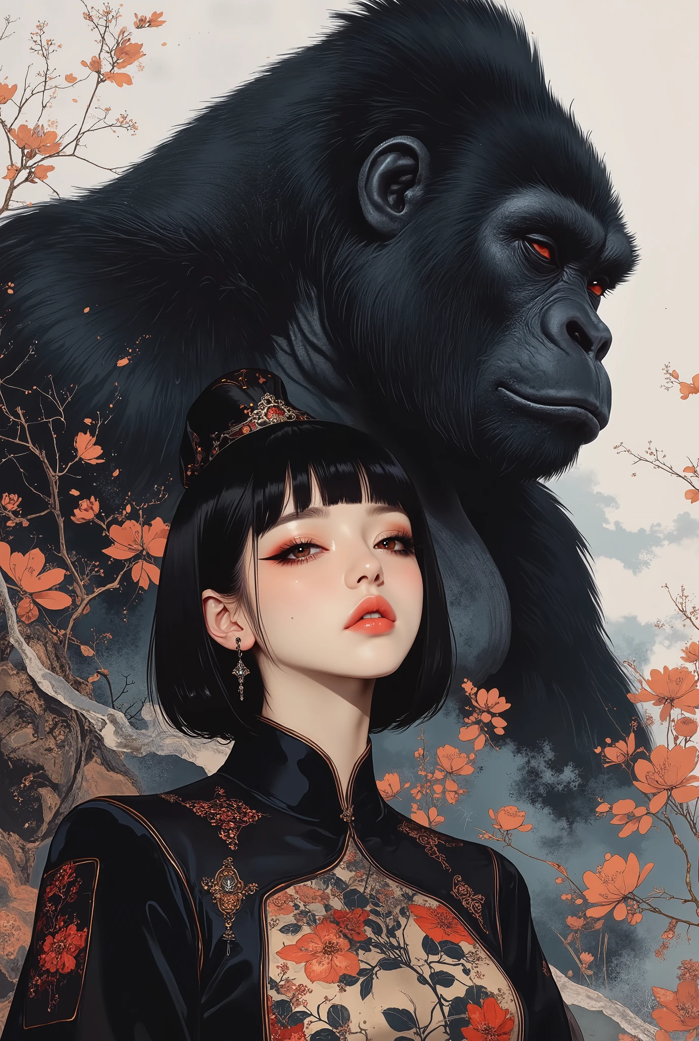 Oriental beauty with bangs and short black bob and silverback gorilla