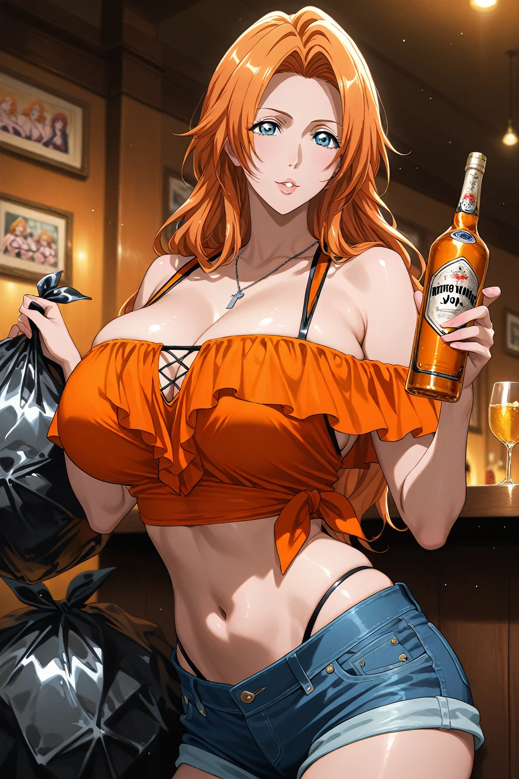 1 beautiful girl, orange transparent dress, medium breast, tavern with beer, music, and people dancing