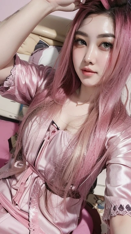 full body,a anime girl sitting spread legs on the bed, 1girl,{topless:1.1},solo,navel, open mouth, looking at viewer,shirt, large breasts,blush,{embarrassed:1.5},{gal:1.5},front shot,pink bra,pink panties,front shot,center,black hair,medium breasts,light pink eyes
