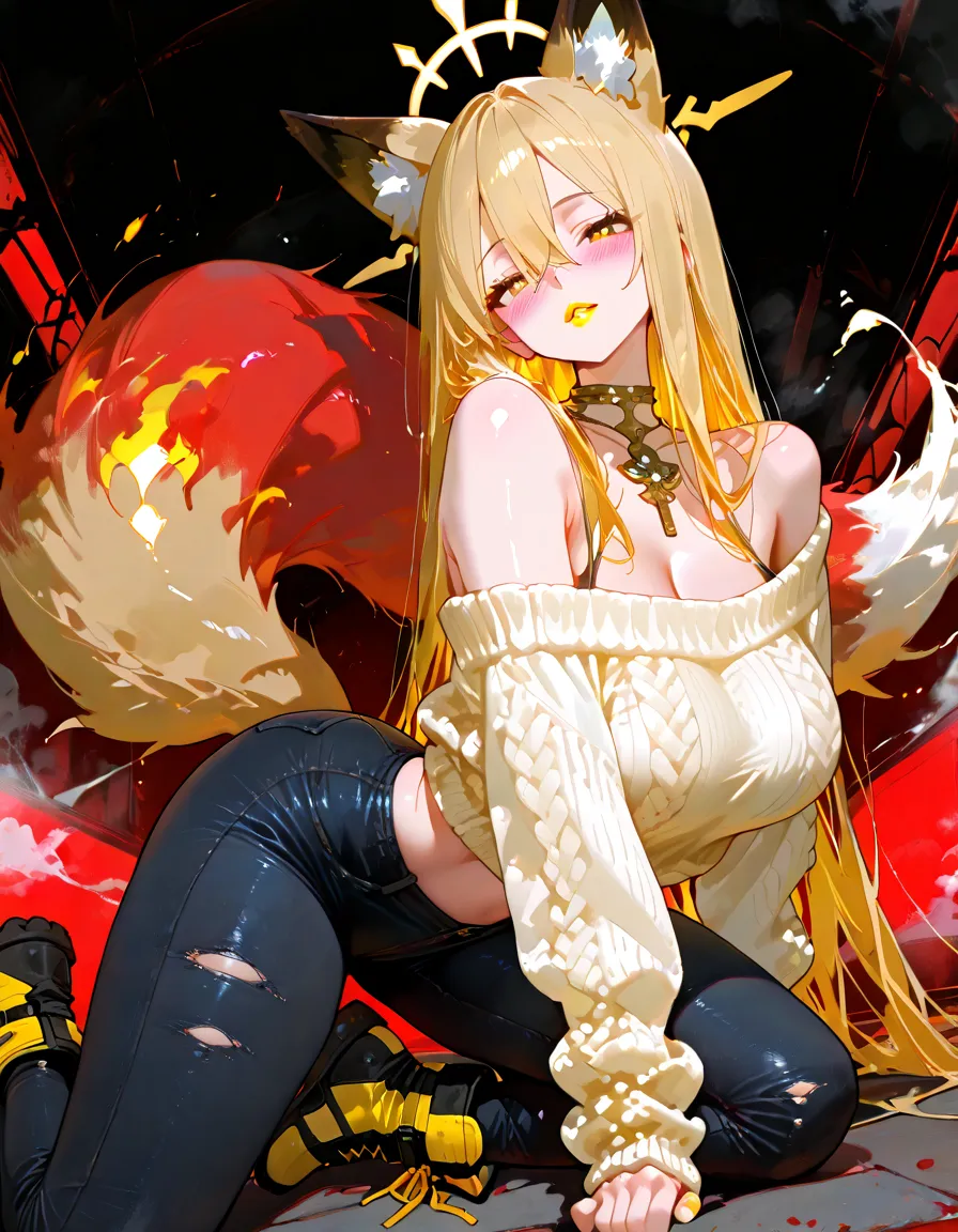 1 girl, detached sleeves, neckleace, multicolored hair, hair blonde, Bblack hair, animal ears, pantyhose, multiple tails, trunk, lindo rosto, perfectbody, glare eyes, work of art, best qualityer, focus on details