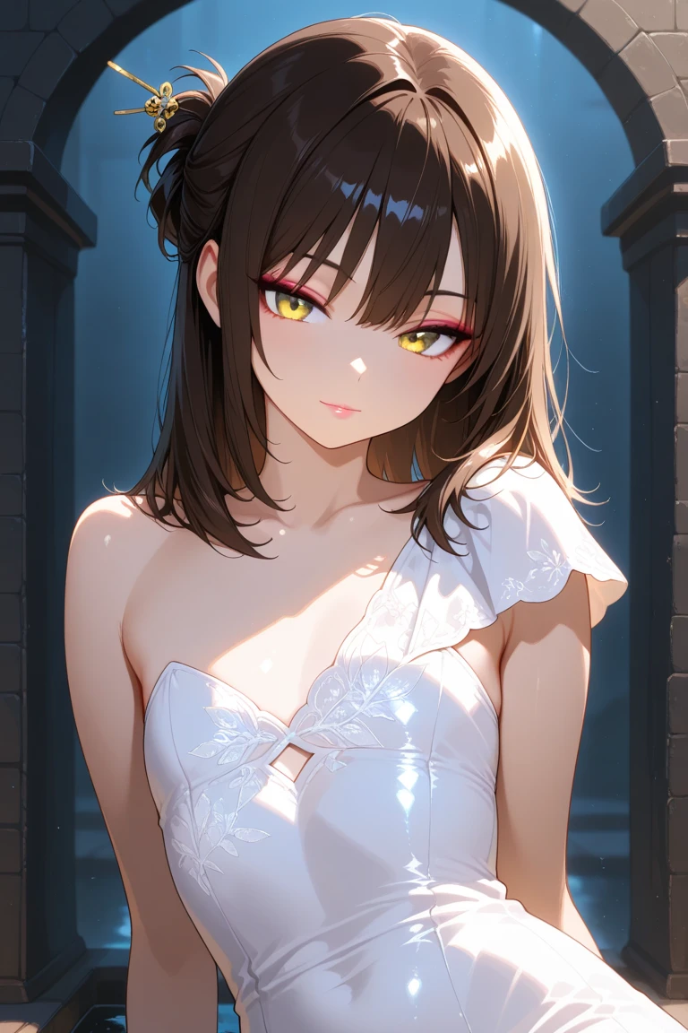 独奏、NSFW、(tall、Toned body、slim body、Brown Skin、Sunburn、Big Breasts)、(Slanted Eyes、Sharp Eyes、Dark Eyeasterpiece))、((Highest quality))、((detailed)、((Adult female))、(((Light brown skin)))、((Long black hair ponytail))、photograph、美しくdetailedな顔、detailedな目、Bright smile、Outdoor、(Sleeveless white dress、Sexy one piece、Semi-transparent lace dress)