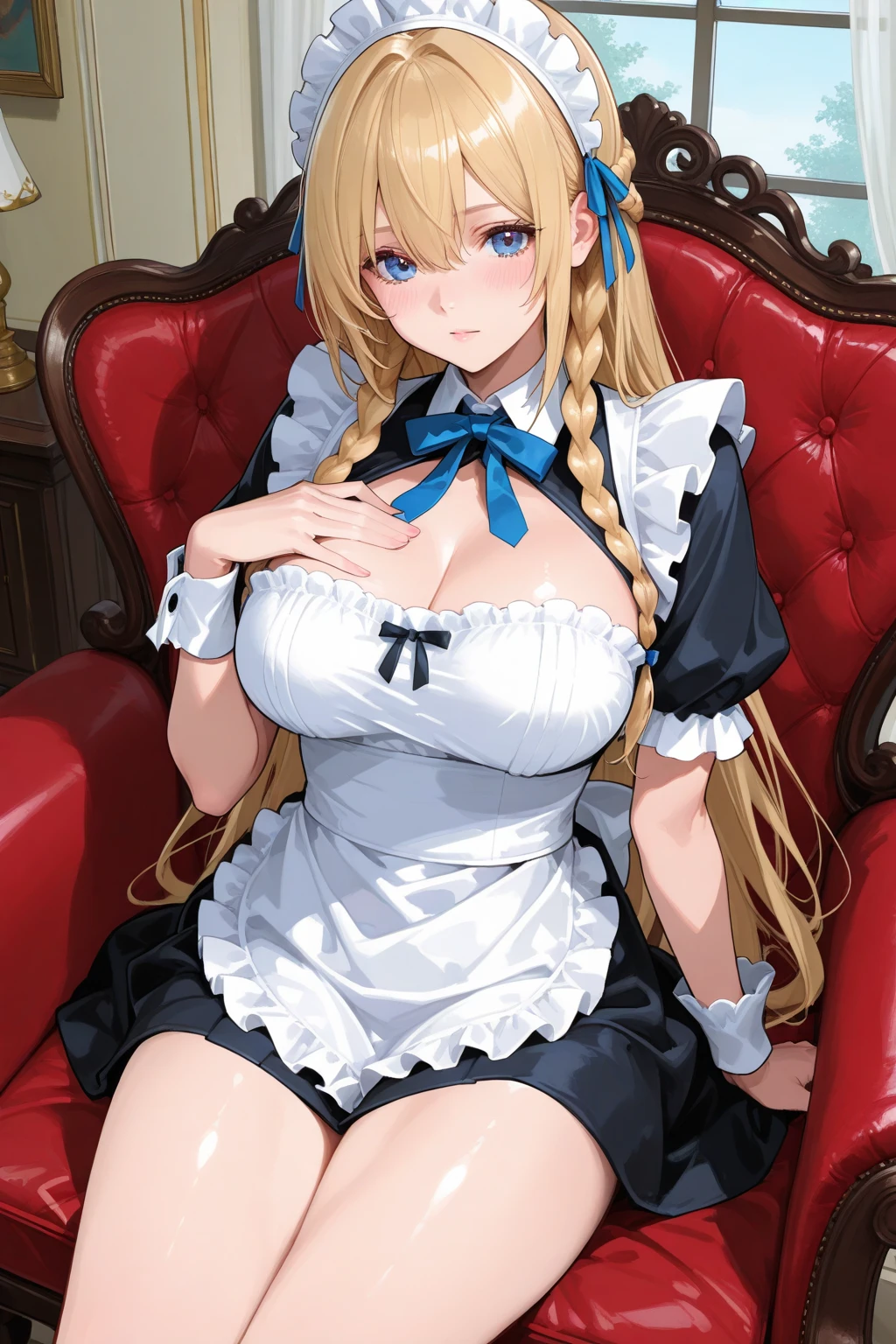 A girl with big ,Alice漫游仙境,fairy tales,((Alice)),Light blond long hair,Blue Eyes,Well-behaved and cute,Sitting on the bed,(nsfw:0.8),