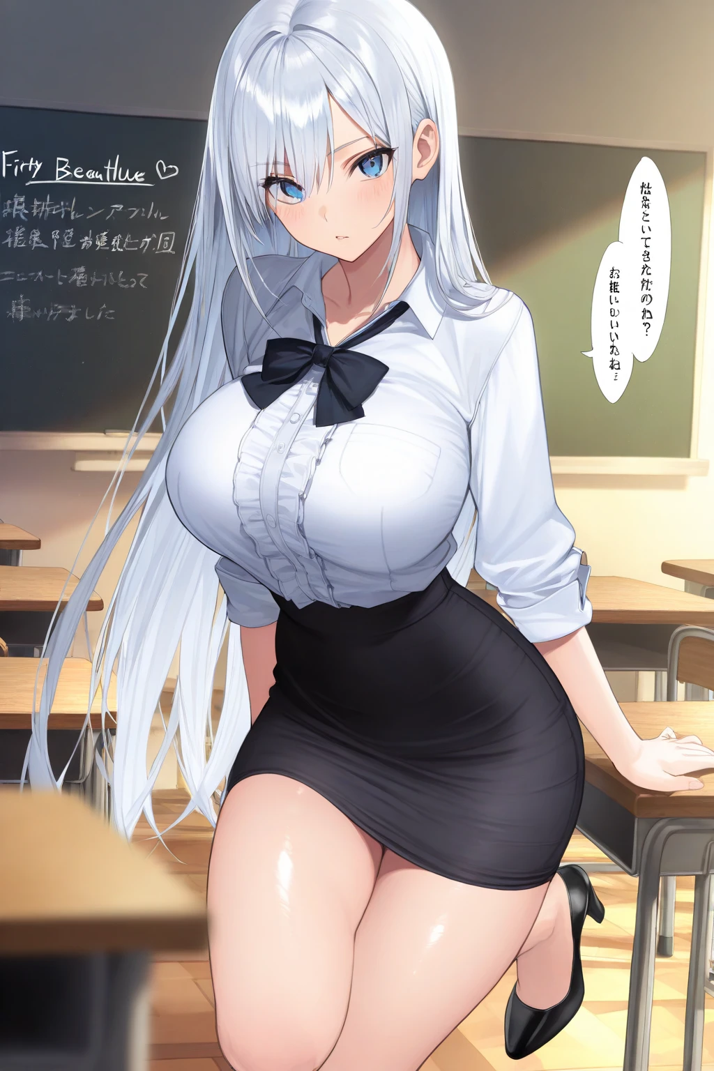 {One woman, 25 years old}{teacher}{Silver Hair、Long Hair}{Cross bangs}{Big Breasts}{Blue Eyes、Slanted Eyes}{Black suit、Pencil Skirt、slit}{White shirt}{Black knee-high socks}{School classroom}{strong}{Cleavage}{Serious expression}{Squint your eyes}{Cross your arms}{stand}