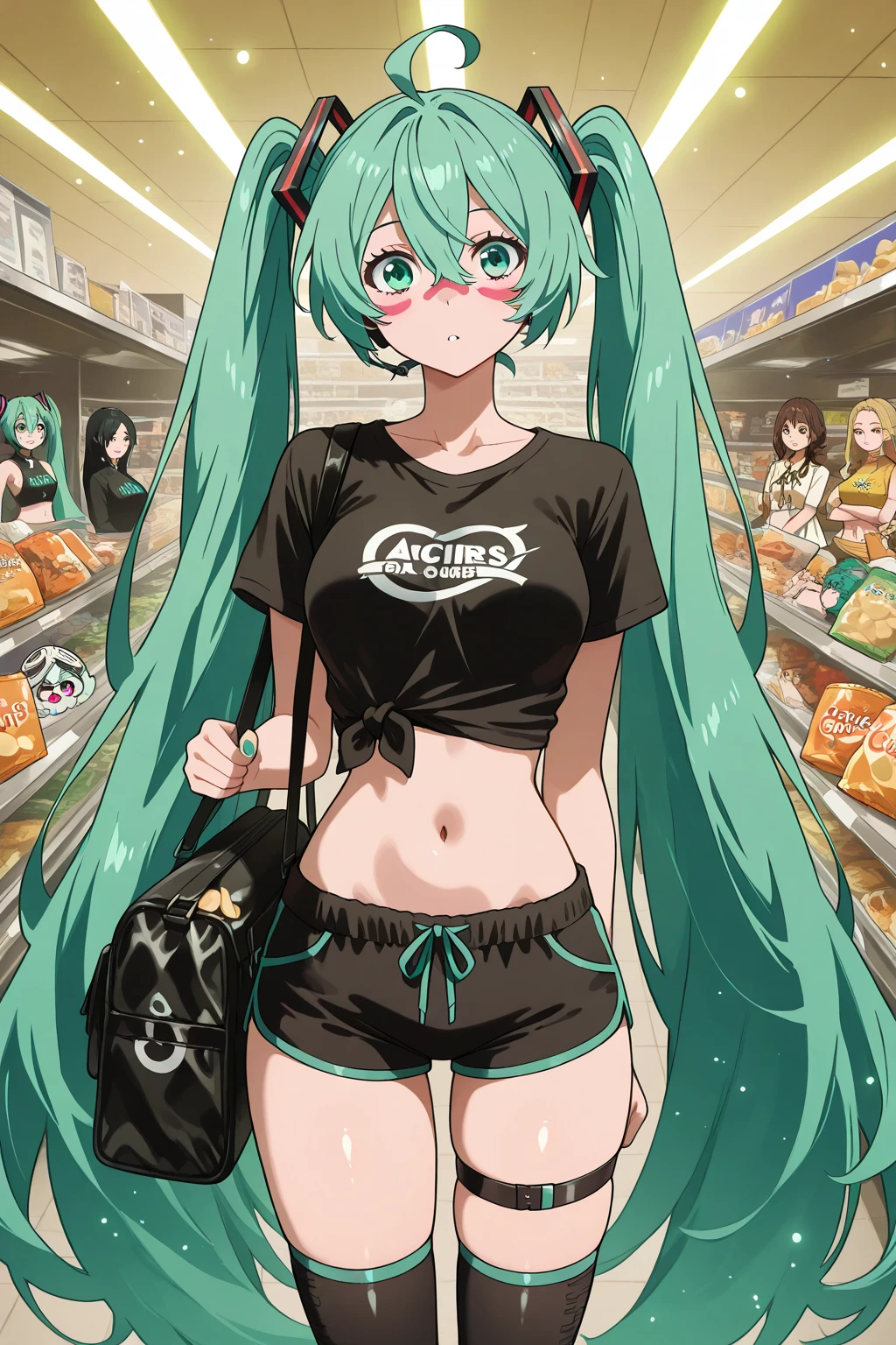 Anime images of a 19-year-old woman who is standing in the living room on the fifth floor of a building while the day is reflected in the windows (Full Shot). She is 169 cm tall, has long light green hair, her eyes are neon pink, she has an enthusiastic expression while she puts her hands on her cheeks, she wears a blue bra, green sports pants with lilac edges and tennis shoes. white