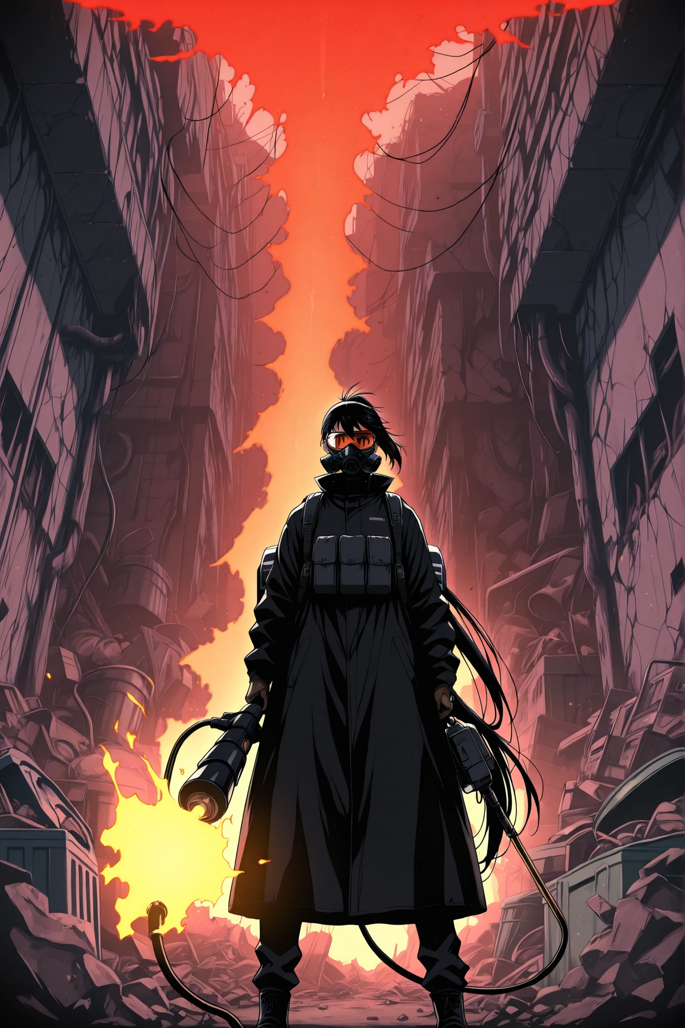 masterpiece, best quality, amazing quality, very aesthetic, foreshortening, 1 girl, black hair, goggle, gasmask, very long ponytail, low pony tail, black coat, mechanical backpack, holding fire thrower, BREAK, ruined background, garbage dump, view from below