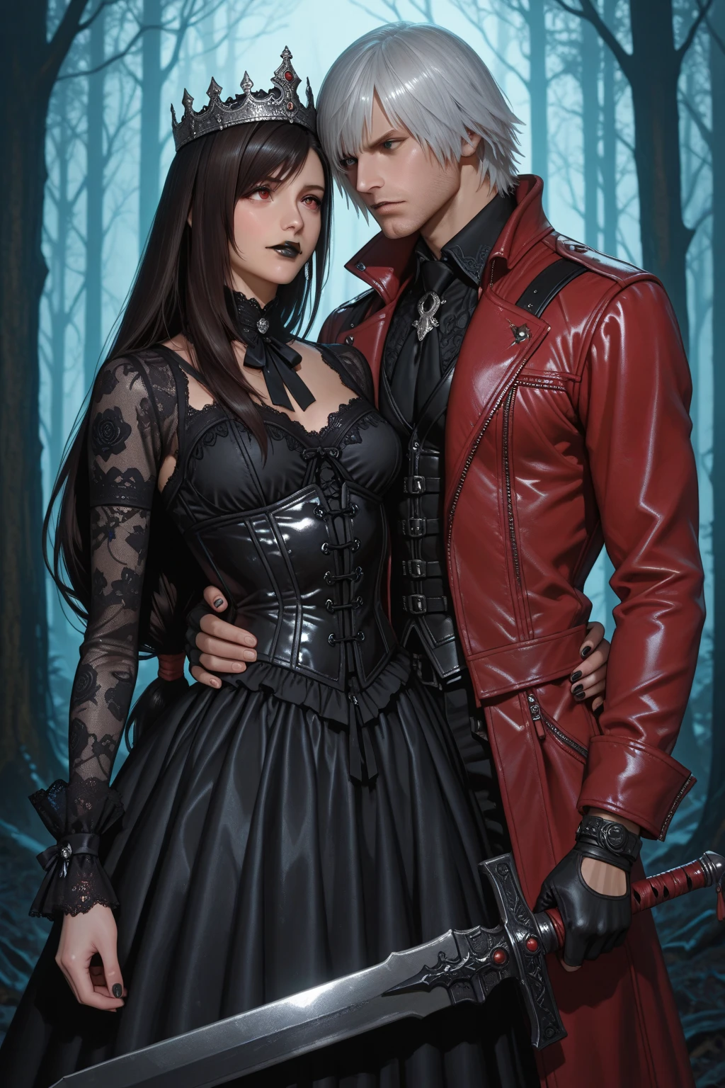 A woman who is forcing a vampire into submission, predatorial eyes, devourer, very beautiful, highly detailed, 4k resolution, masterpiece,night forest scenario,digital art



