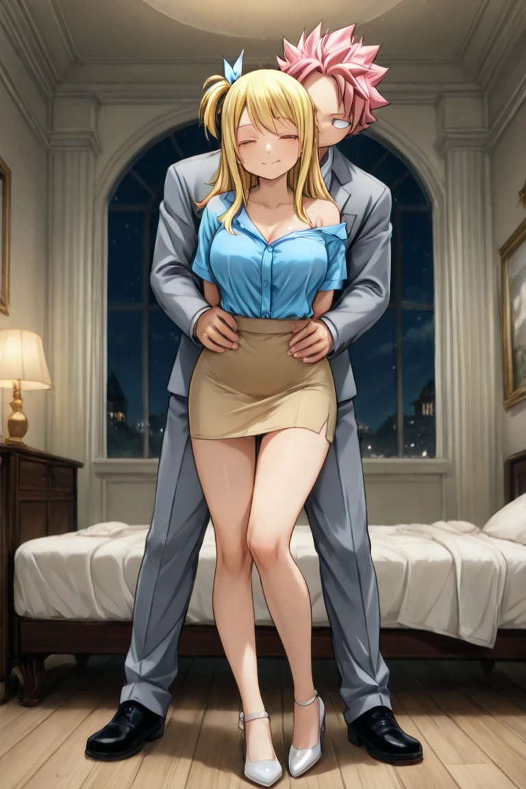 Hermosa chica rubia muy sexy con tetas muy pero que muy grandes, enormes. Facing the wall and only with an open white shirt and with a handsome boy behind him holding him by the waist.