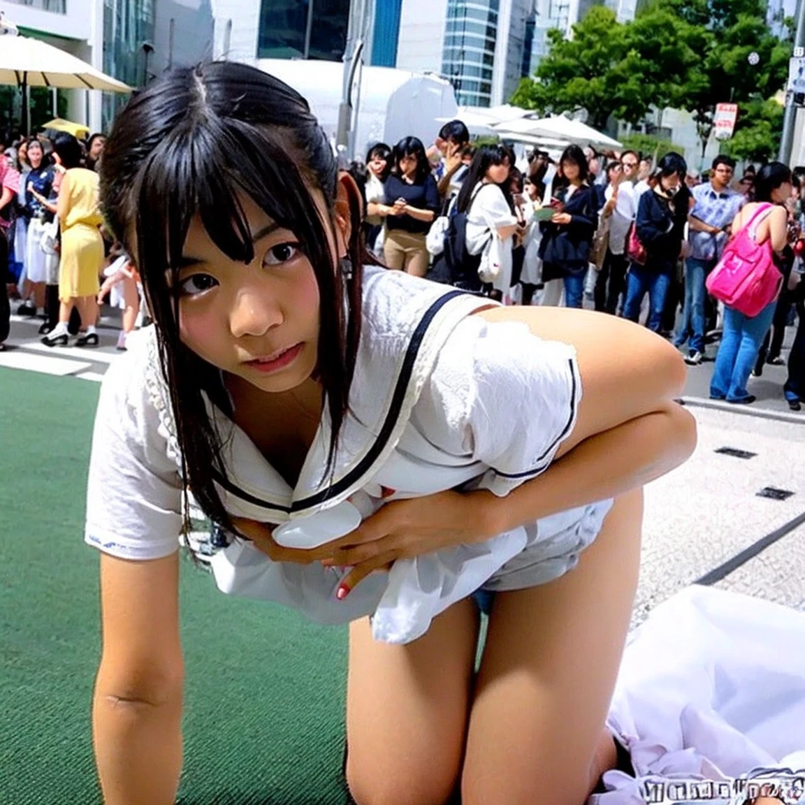1 girls, nsfw, Japaneses, age 16, school girl, short hair, smile, learge breasts, nsfw, huge breasts, underboob, cleavage, wearing sexy leotard, nsfw, white leotard, bust opened, huge breasts, mini skirt, white leg garter, long boots, black boots, Tokyo city, crowded bussiness district, outdoors, standing pose, from dynamic angle, city walk road, cityscape, drop shadow, atmospheric perspective, nsfw,