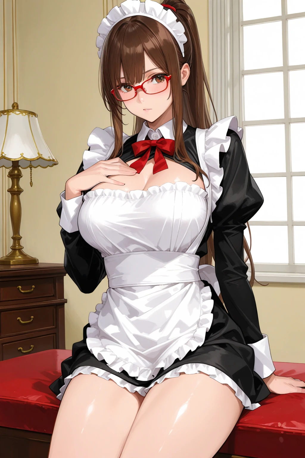 Night time,(Masterpiece), Best Quality, ultra-detailed, 1girl (eri, Slender and sexy body, huge breasts, wide hips, naked body, brown hair, long wave hair, brown eyes,half-closed eyes, spectacles), evil face, smirk,parted lips, facing viewer, looking at viewer, solo, maid (black), frill, apron, ultra mini skirt, maid headdress, black lace thighhighs, in the bedroom, standing, Sexy waist teasing , corruption, come-on, lure, hands up , spread legs