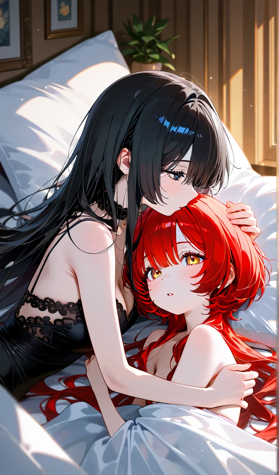 ((masterpiece, best quality)), Delicate face,Maid,whole body,Long legs,Large Breasts,Gradient long wavy hair,Perfect body proportions,Nice red eyes,Extremely beautiful,transparent, Pure white background,Lying on the bed,Erotic_lingerie,Sexy_Bikini,Lace,Garter stockings