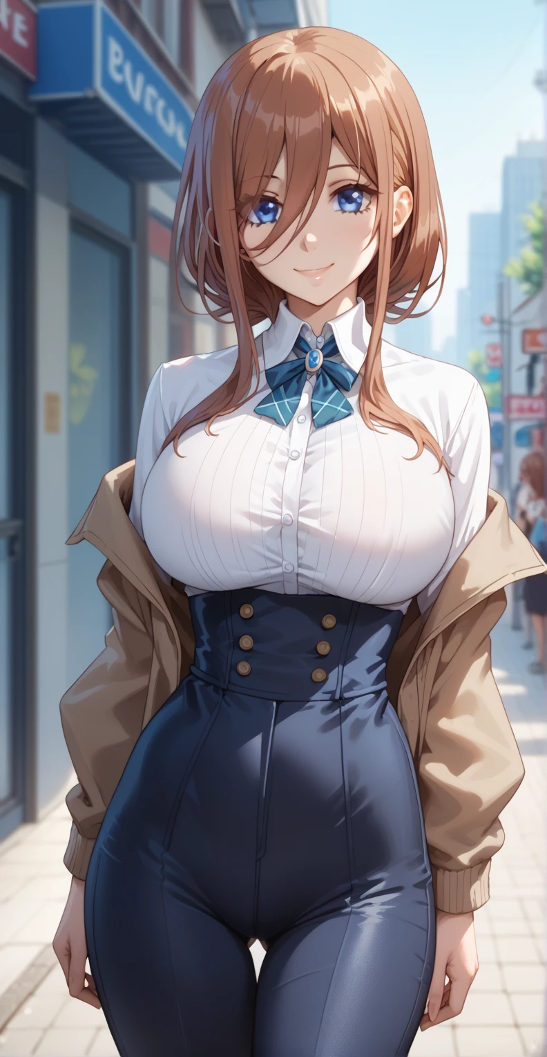 ((super high quality,))((Ultra-high resolution,))(16K,)(super masterpiece,)((Ultra HD ,))(Detailed shading,)One sexy woman,popped Tight collar White shirts,Long sleeve,Cleavage,Black tight skirt,happy,blush,Lean forward diagonally,
