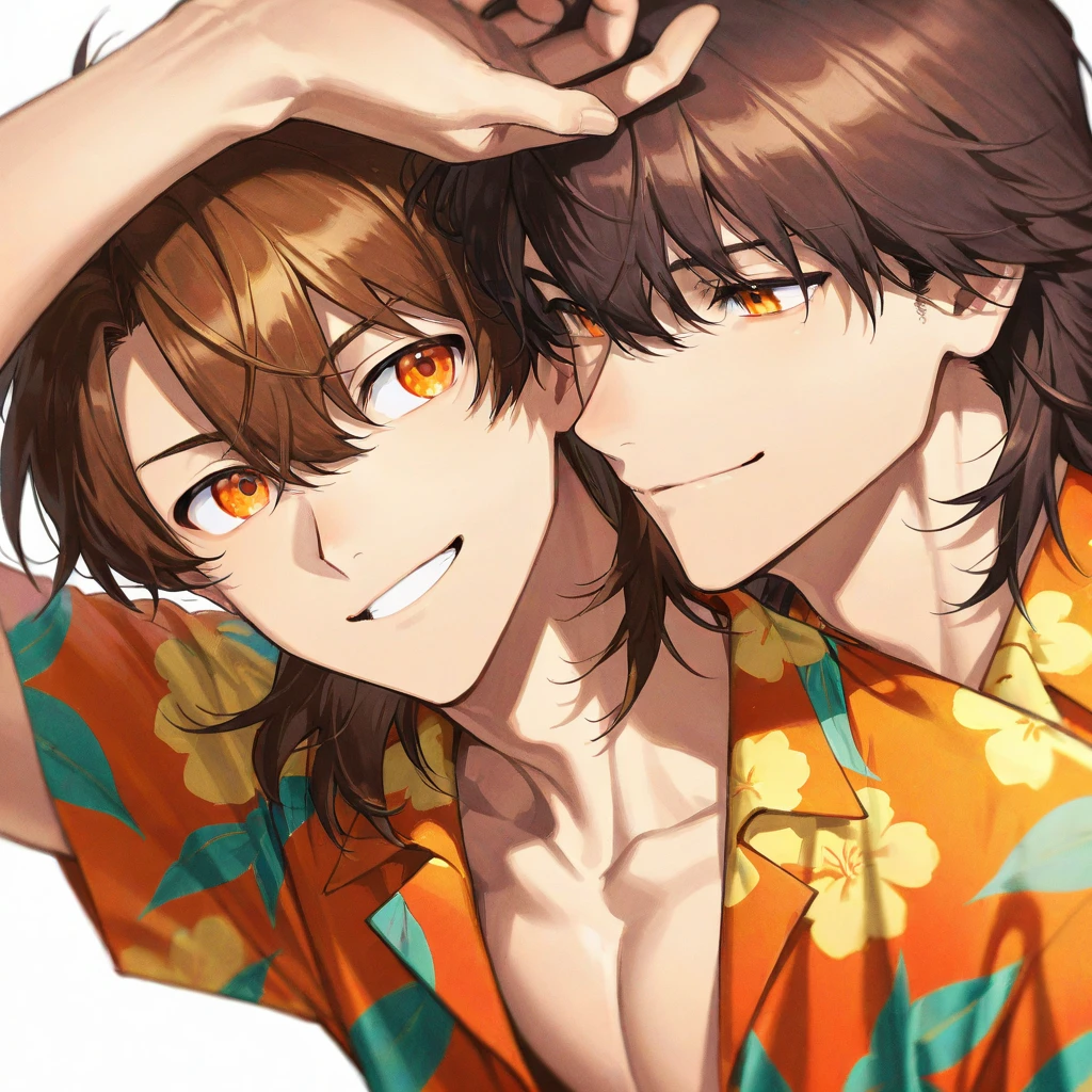 Two 20-year-old men on the beach. The first one has shaggy tousled black hair, brown eyes, and a cheerful smile. He is shirtless and wearing black swimming trunks, a thin silver necklace, and small silver earrings. He is also taking a selfie. The second one has wild spiky undercut brown hair, orange eyes, and a daring smile. He is shirtless and wearing red swimming trunks, as well as a thin silver necklace. He is also holding up a v-sign.