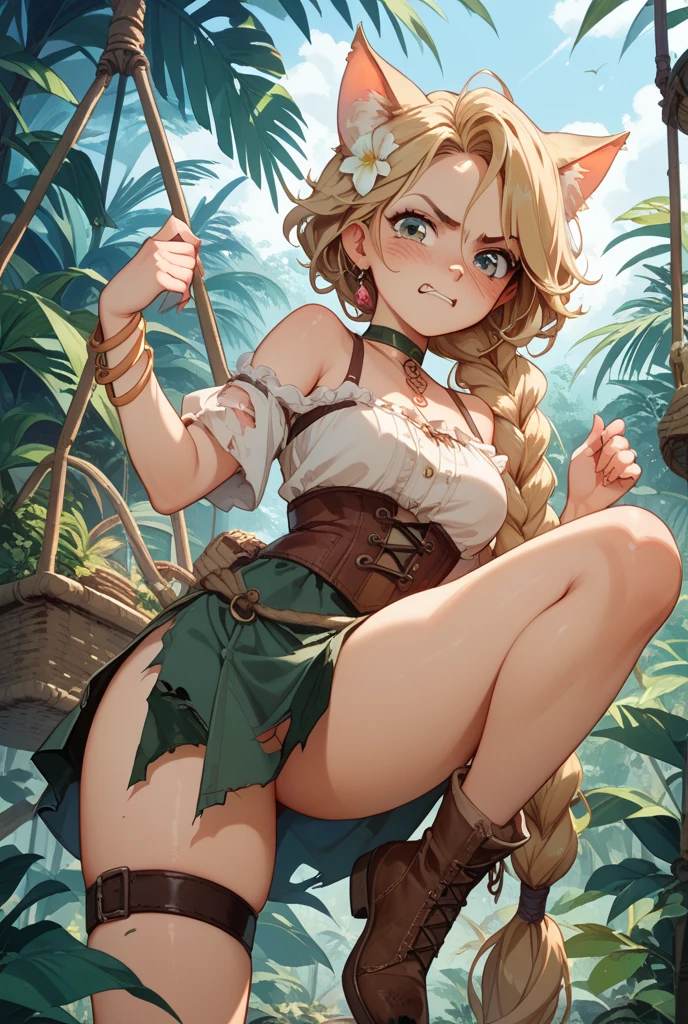 30-year-old woman, blonde hair in pigtails, green eyes, tender and smiling expression, long explorer-style shorts with beige suspenders, short-sleeved white blouse, red ribbon in her hair, beige leather gloves, dark beige, in forest leather boots that reach mid-calf, her weapons are two daggers she carries at her waist. 