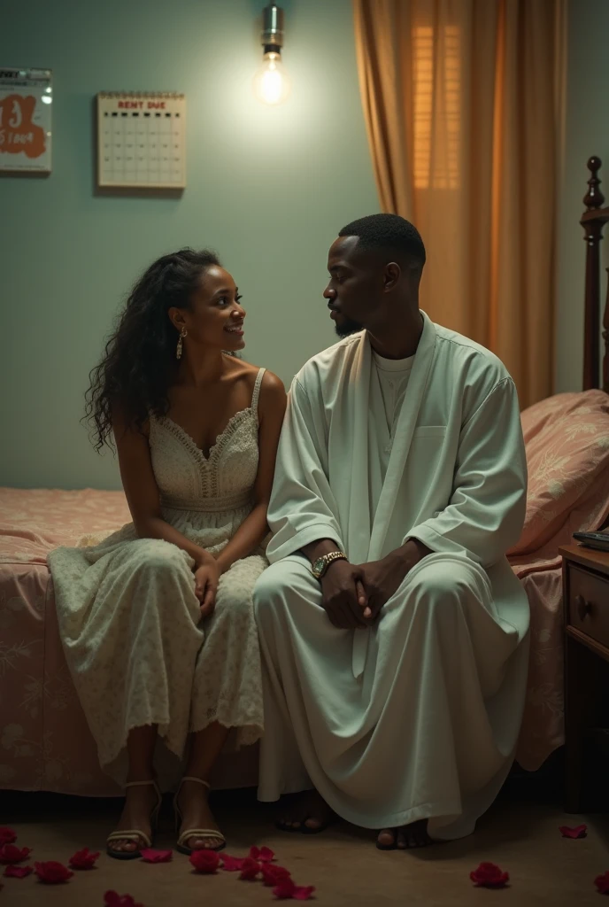 African man with a worried look on his face having a conversation with his wife sitting beside him on their bed, night time windows open with moonlight shining in the room, with iridescent light, cinematic lighting, artgerm style, 32k, ultra HD, unreal engine rendered, hyper-realistic image