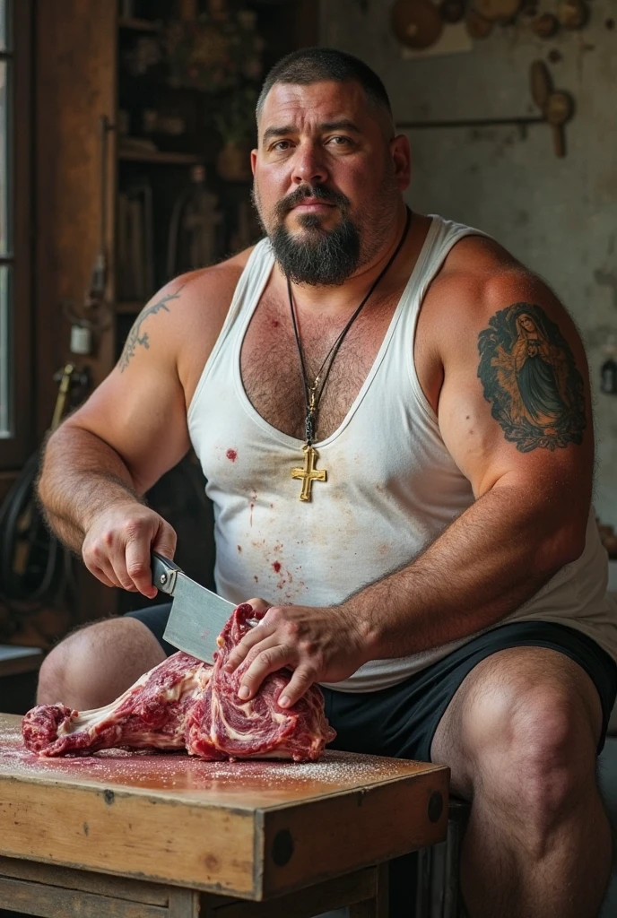 A fat, bearded, bloody middle-aged man in a ripped, wet shirt in a barn