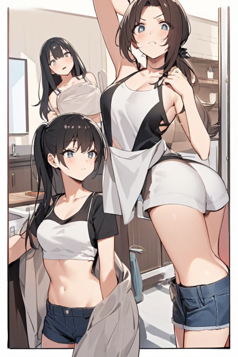 ((Highest quality)), ((masterpiece)), (Very detailed: 1.3), Cute Girls,Perfect breasts,Perfect Ass,20-year-old,Sensual look,mini skirt,Perfect body,Round Breasts,Soft lips,sweating,Girl being molested