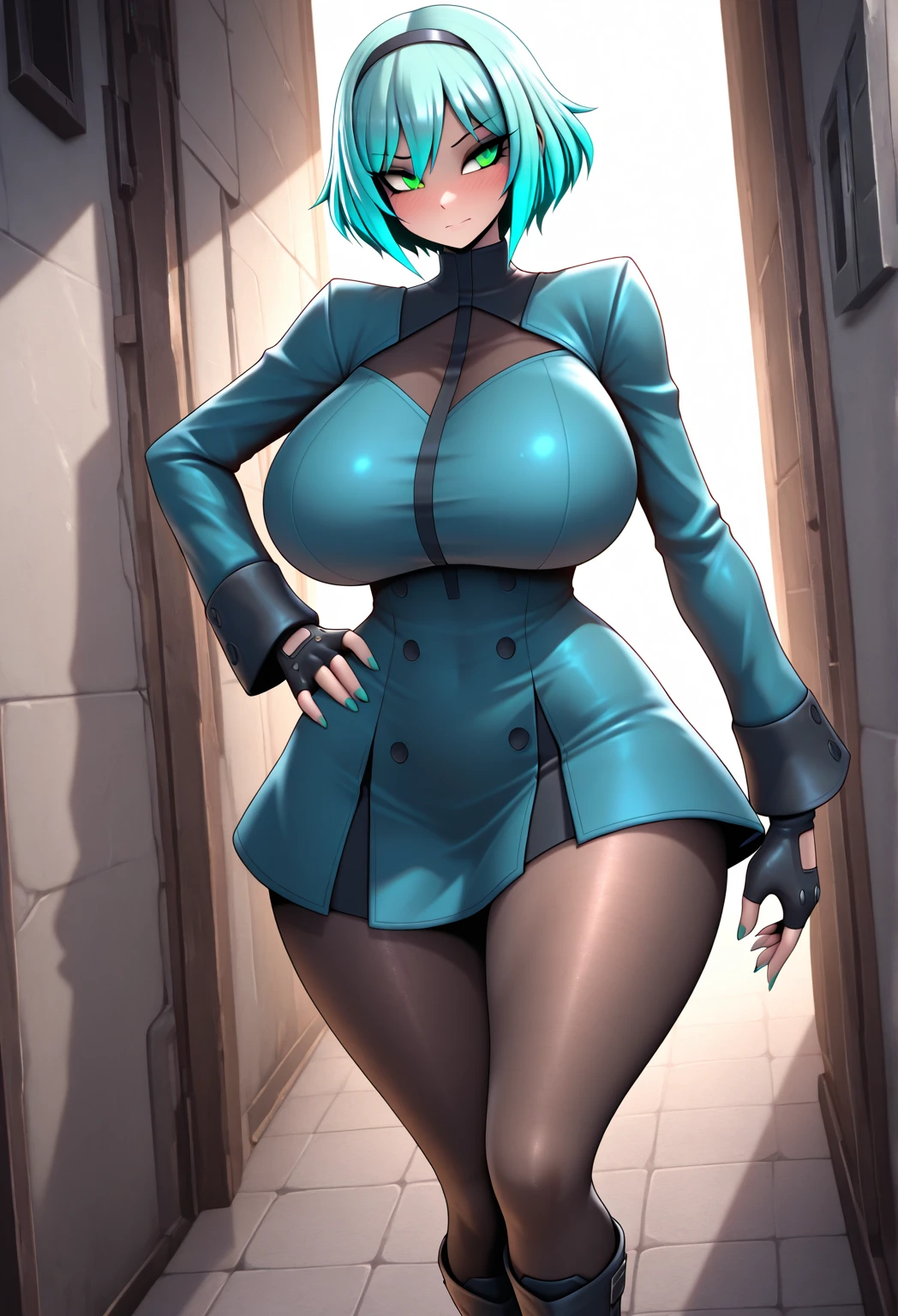 Toujo nozomi, green eyes, purple hair, pop haircut, cowboy shot,(curvy body), gigantic breasts , wide hips,thicc thighs,((short purple bodycon dress)), cleavage, strapless , sleeveless, bare shoulders ,gloves, police cap, blushing,standing, hands on hips looking at viewer, in prison