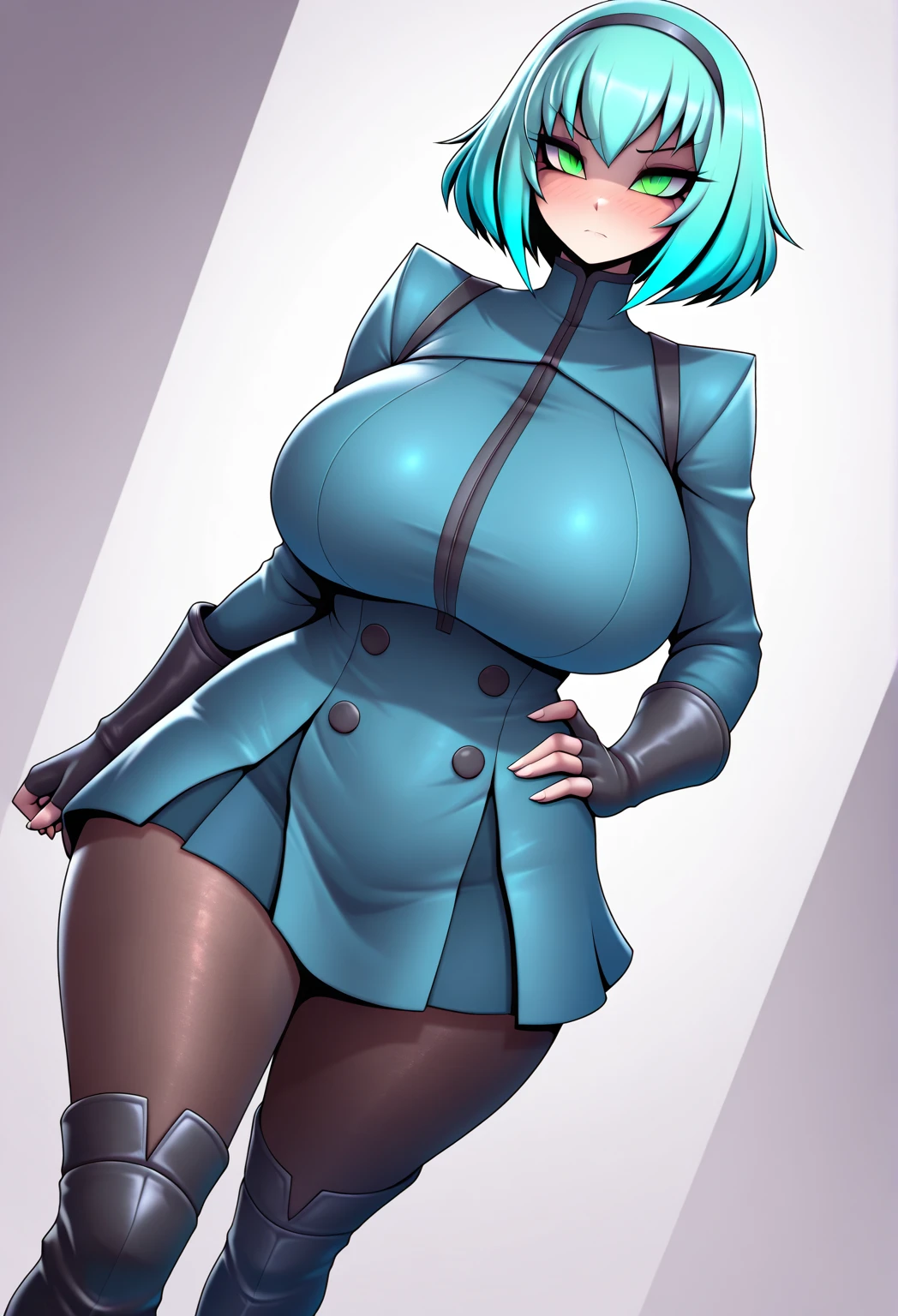 (masterpiece, best quality, high resolution, (pokemon style) ((huge breasts))1 mature woman, very short black hair, bob cut, blue eyes, black lips, long-sleeved dress with black high neck, black pantyhose, earrings and necklace, glasses, long white doctor's coat, black heels, smile ((dark skin))((white background,)) , ((full body standing)),
