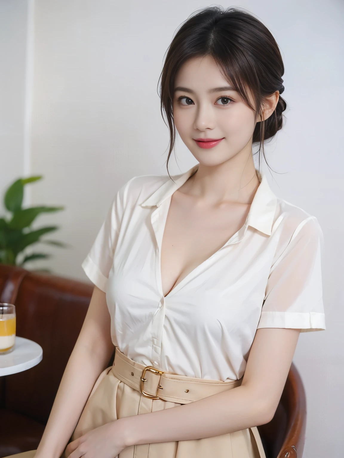 Tabletop, Highest quality, shape, Very detailed, In detail, High resolution, 8k wallpaper, Perfect dynamic composition, Beautiful attention to detail, Wavy long hair,Big breasts and natural lips, Sexy pose,smile,25-year-old woman、Beautiful woman、Looking into the camera、Ultra-realistic、(((reality:1.5))),(((White blouse、skirt、Brown Hair、Dark Eyes、Big and beautiful eyes:1.5)))、Standing posture、(((One Woman:1.5))),(((Japanese、rain、garden、Beautiful hydrangea flowers)))