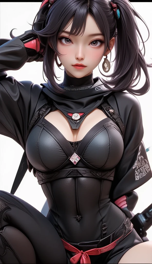 Beautiful, cool, edgy, model, sexy woman, sexy top, black pants, midriff, sexy, stylish, rich, elegant, cleavage, long pony tail, bangs, jewelry, big boobs