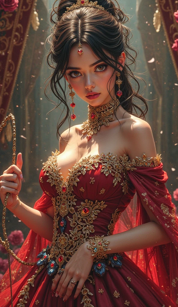 (ultra realistic,32k, masterpiece:1.2),(high detailed skin:1.1),( high quality:1.1),
1girl, black ponytail hair,, belly dancer costume, jewlery gold, earring necklace, gemstones, rhinestone [<lora:redcrystal-nvwls-v1:0.8>redcrystal, red theme, rubies,ruby,:<lora:mdyueliang:0.4>dress,crescent,:25],(looking at viewer, portrait:1.1),, huge breast,large breast,,<lora:add_detail:0.84>,
(bioluminiscent:1.1), blank background,  blurry background,