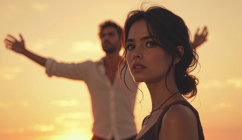 The cover features a nighttime image of a seaside beach. The sky is dark, But there's stars shining and a crescent moon. Na praia, There are two characters, Julia e Romeo. They are holding hands, Looking at each other with loving expressions. Julia is wearing a light dress, and Romeo holds a set of paint brushes. Ao redor deles, There are red rose petals. The title "Drifting Hearts" It's written in pretty letters at the top of the cover, em uma cor dourada.