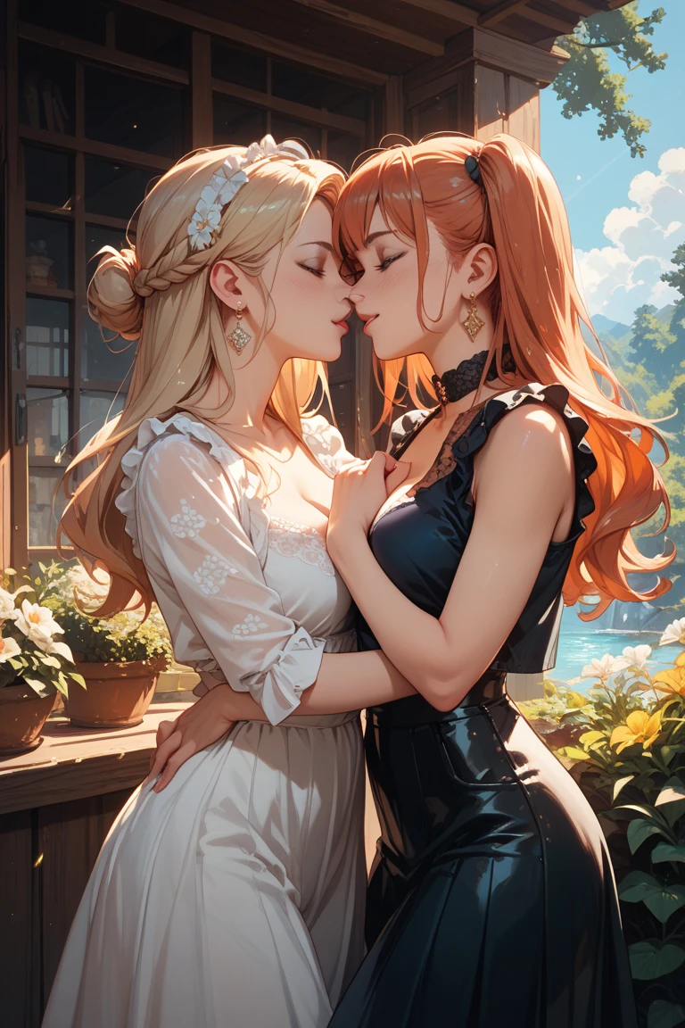 two girls hugging in the forest, female link and malon kissing, First kiss, Grégoire and Manon, lovely kiss, A kiss is a wordless spell, fairy tale style background, One girl is blonde and has small breasts.........、The other girl has red hair and big breasts..........., Skinny Legs,, , Anatomy correctly, Accurate Hand Modeling,