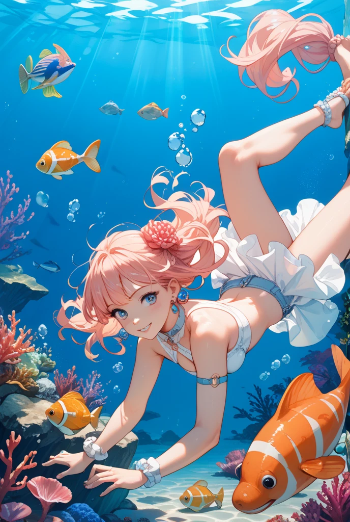 Beautiful illustration、top-quality、girl with、Pink hair、length hair、The bikini、A slight smil、((dynamic ungle))、(((Delicat eyes)))、beautiful ocean、Swim with colorful tropical fish