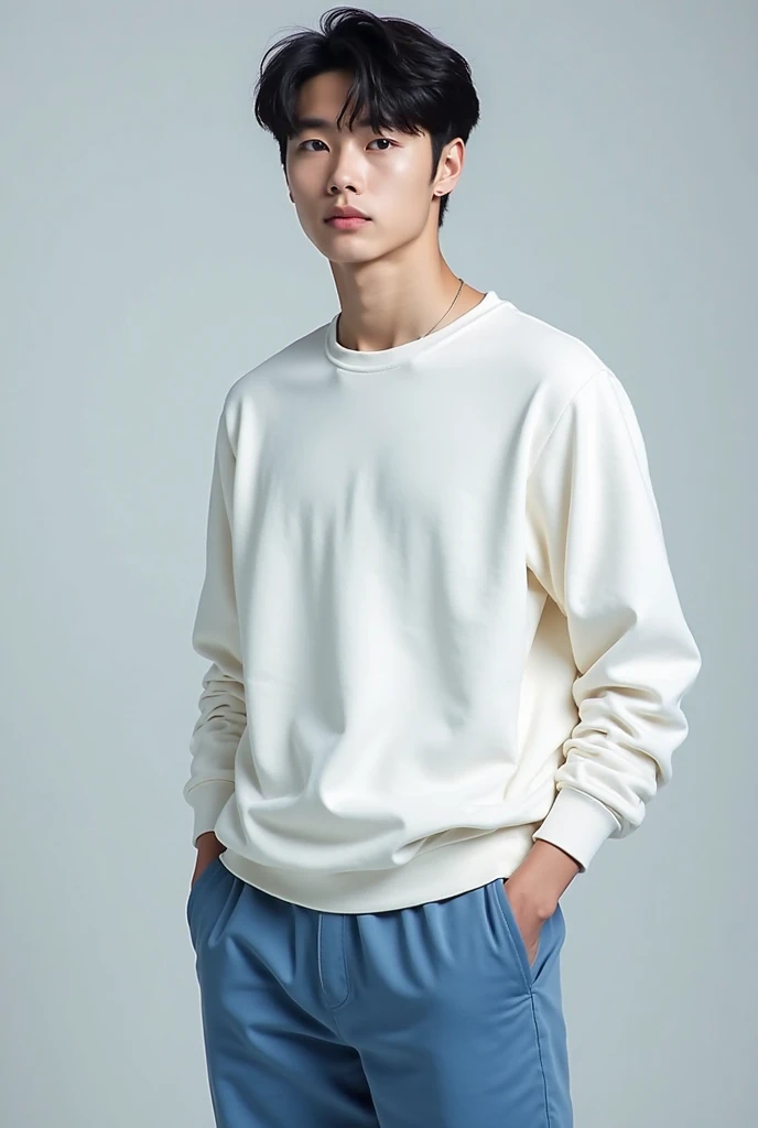 (8K, highest quality, High resolution, masterpiece :1.3), (cream background), (handsome man), stylish, hisense, fashion, The contour is the length of the surface, eyes are long, black short hair, oversized clothes, baggy clothes, Upper body, earrings, graphic design, 