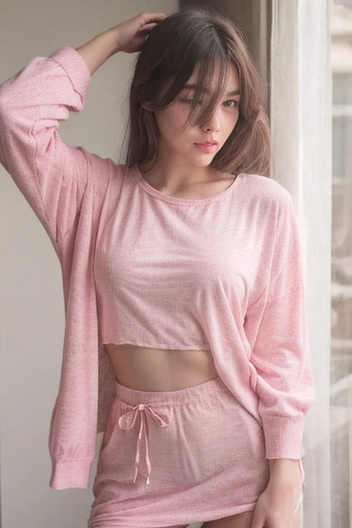 deux femmes ensemble de 18 ans sexy et mince , pink short sleeve hoodie , salle de classe, se touche,position sey,sensuel