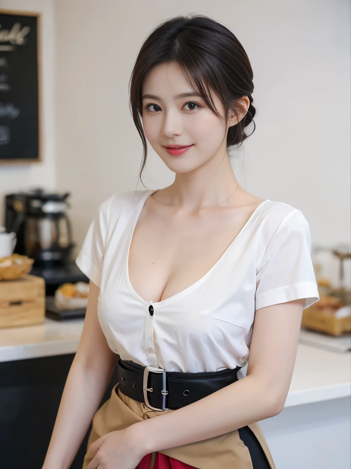 30 year old stylish white collar woman was sitting in café drinking coffee , Delicate Makeup , Chinese Lady , Canon 35mm Shot , Photorealistic , a photo of a ,4K、Body-fitting shirt blouse、Big breasts that seem to pop buttons