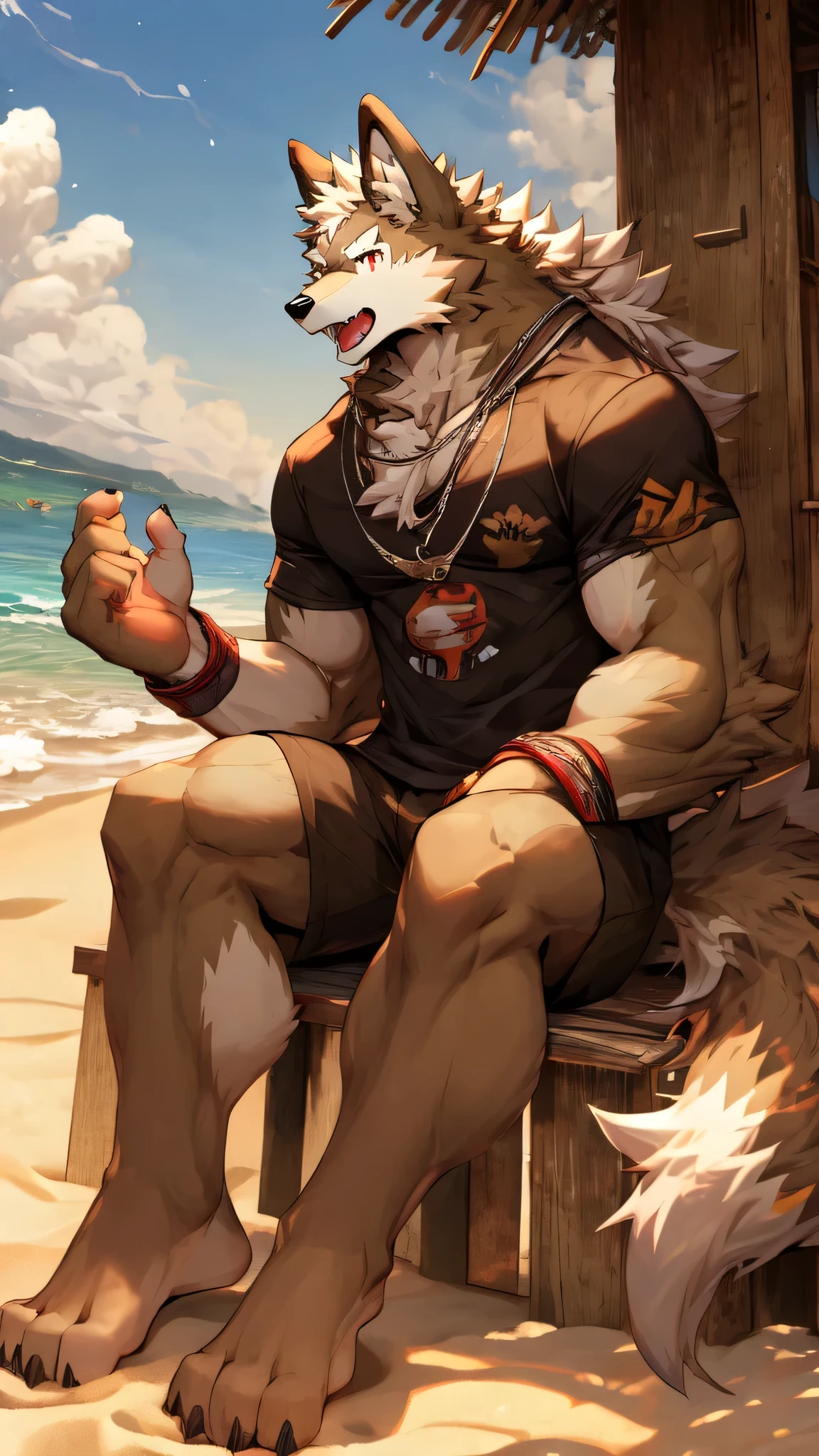 A burly, virile, and hairy dragon, exuding the irresistible charm of a himbo muscle daddy. His middle-aged features, adorned by a long, bushy beard and a thick mustache, reveal a life of experience and adventure. His body, sculpted  into a warrior's build and a bodybuilder's physique, is a testament to his unyielding dedication to physical fitness. The hair on his chest and belly forms a carpet of thick fur, while his hairy arms and legs are adorned with a natural, untamed layer of hirsute. Every muscle on his overmuscular and musclebound frame is defined and bulging, veins pulsing beneath the surface, hinting at his incredible strength. Despite his advanced age, his grey hair only adds to his handsome and dreamy appearance.