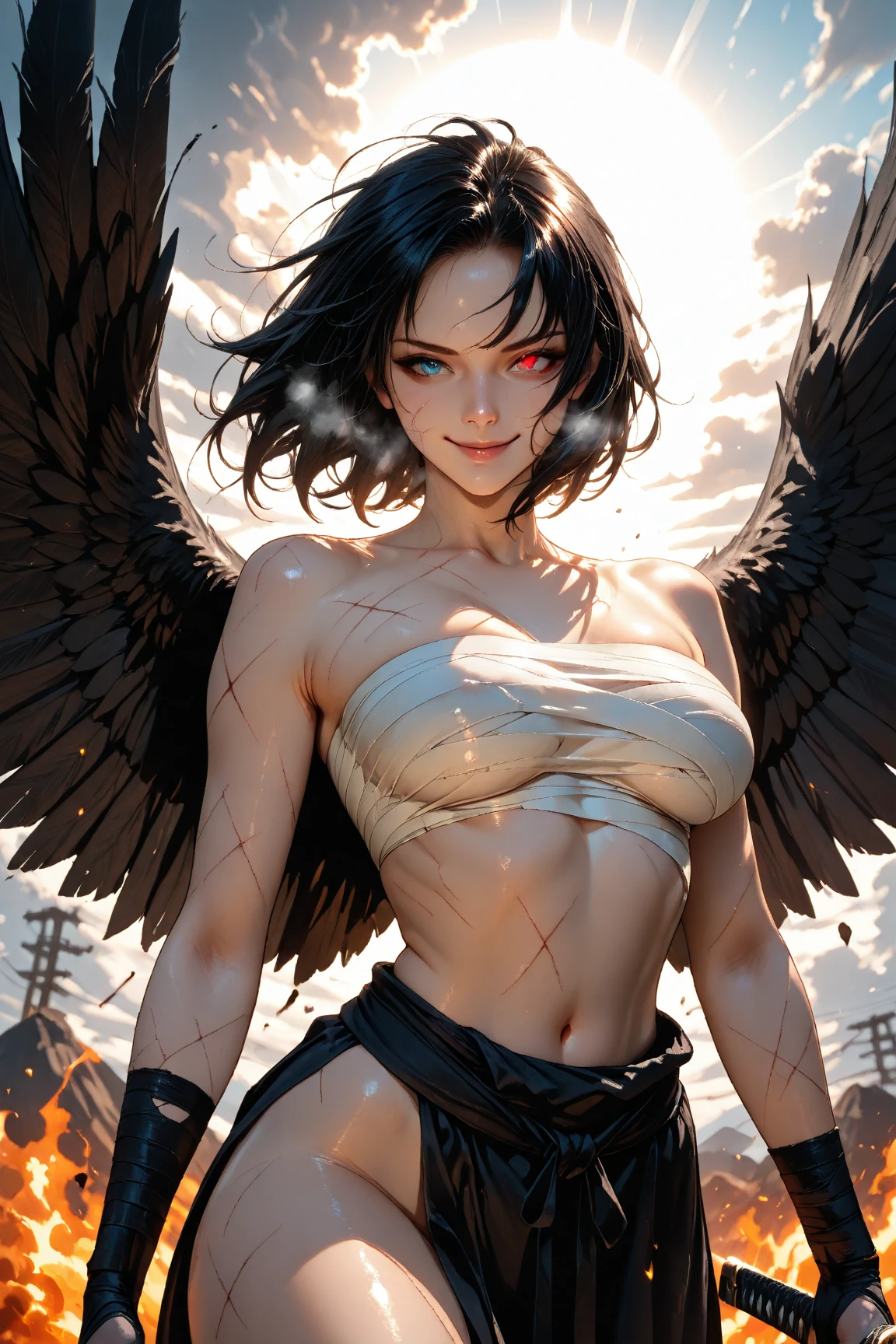 (8K Wallpaper, High resolution), (Seductive Raven: 1.5), (Big breasts: 1.7), (Raven haired beauty: 1.4), (Sexy and curvaceous: 1.3), (Realistic and intricately detailed: 1.4), (Physically-based rendering: 1.3), (Shiny black feathers: 1.3), (Intensely expressive eyes: 1.4), (Graphic and captivating: 1.2), (Nearly flawless, top-quality masterpiece: 1.1), (Solo shot: 1