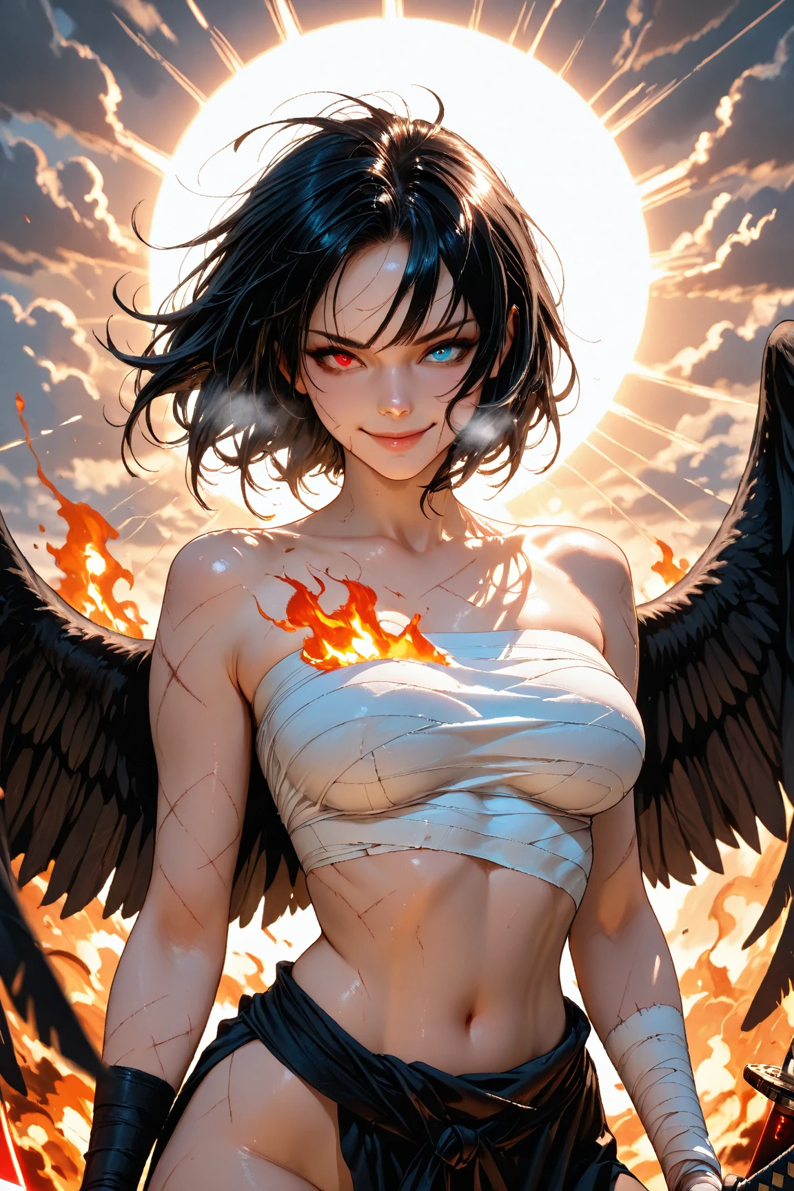 Goku girl sexy body anime hell background Angel wings angry face fighting pose cute face ultra instinct