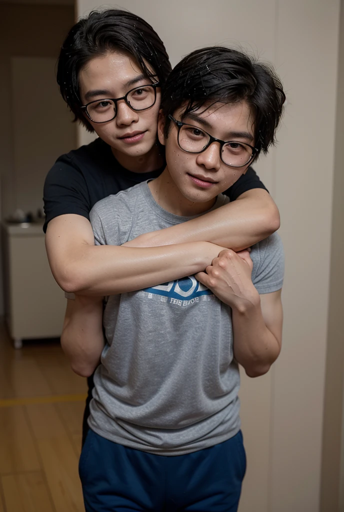 High resolution、high resolution、Anatomically correct body、Two Japanese、Healthy 12 year old、Well-developed muscles and smooth skin、Very short black hair、Smile with mouth wide open、Simple Briefs、in narrow bathroom、Place your hands around your waist、Lean but well-toned muscles