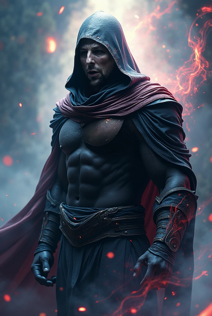 A naked muscle male, mature male, footballer body type, sorcerer, sorcerer clothing, blood moon, red blood moon, magic power, Handsome face,eyes with brightness,The man looks confident and determined, crew cut, Stars dot the sky, night sky looks sinister and dangerous, blood red night sky, evil-looking but attractive man
