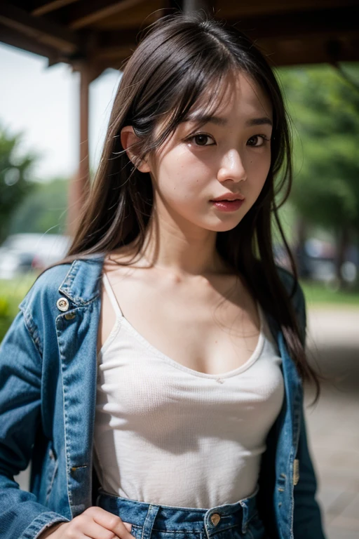nsfw,Cute Japan high school girl、1 high school girls、Standing side by side、Leather tiny micro mini skirt, small denim jacket、Trained abdominal muscles、Cowboy Shot、((wet body with white liquid)) ,earrings,necklace,bracelet,smile,groin is visible,twintail,