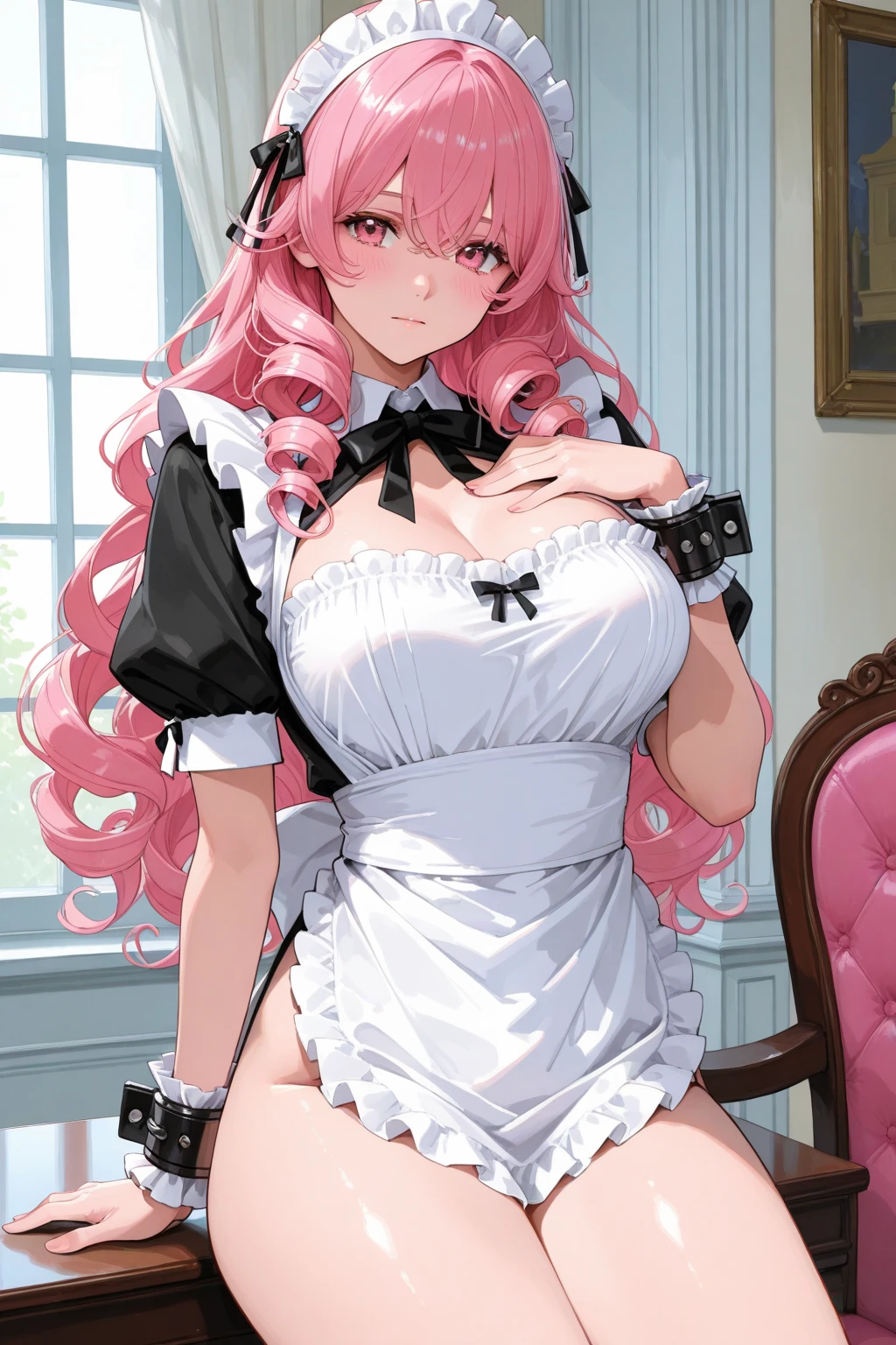Mei Hatsume, a girl with yellow eyes with cross-shaped pupils and asymmetrically combed pink hair, with two longer strands on the right side of her face, stood in front of a full-figured woman. long mirror admiring your reflection.(Wearing),+,(\A maid uniform with The apron is made of sheer, almost translucent black lace, which barely hides the maid's curvaceous body underneath. The front falls scandalously low, exposing the fullness of her breasts and most of her cleavage. Thin straps hold the apron in place, digging into your shoulders and drawing attention to your toned arms. Her corset is a slinky red number with built-in push-up cups that enhance her already impressive bust size. The corset has a deep V-neckline that disappears into the apron, emphasizing her ample cleavage. Thong-style laces crisscross her back, drawing attention to her narrow waist and the tantalizing hint of her ass. Her miniskirt is made from the same sheer lace as her apron, ending at mid-thigh to give a full view of her toned legs and the red garter belt wrapped around them. The garter belt supports fishnet stockings that ride up mid-thigh, adding a touch of fetish to the overall look. On her feet, she wears stiletto heels with ankle straps, enhancing her seductive and leggy appearance. Her hair is styled in loose, tousled waves, framing her face and drawing attention to her full lips, painted a bold crimson red. To complete the look, she uses a white duster as a prop, using it to tease and caress her own body in suggestive ways. The overall effect is one of unabashed, unapologetic sexuality packaged in a classic maid uniform that has become entirely explicit and provocative.)/,+,(\Facing the front of the fourth wall looking at the fourth wall:1.5)/