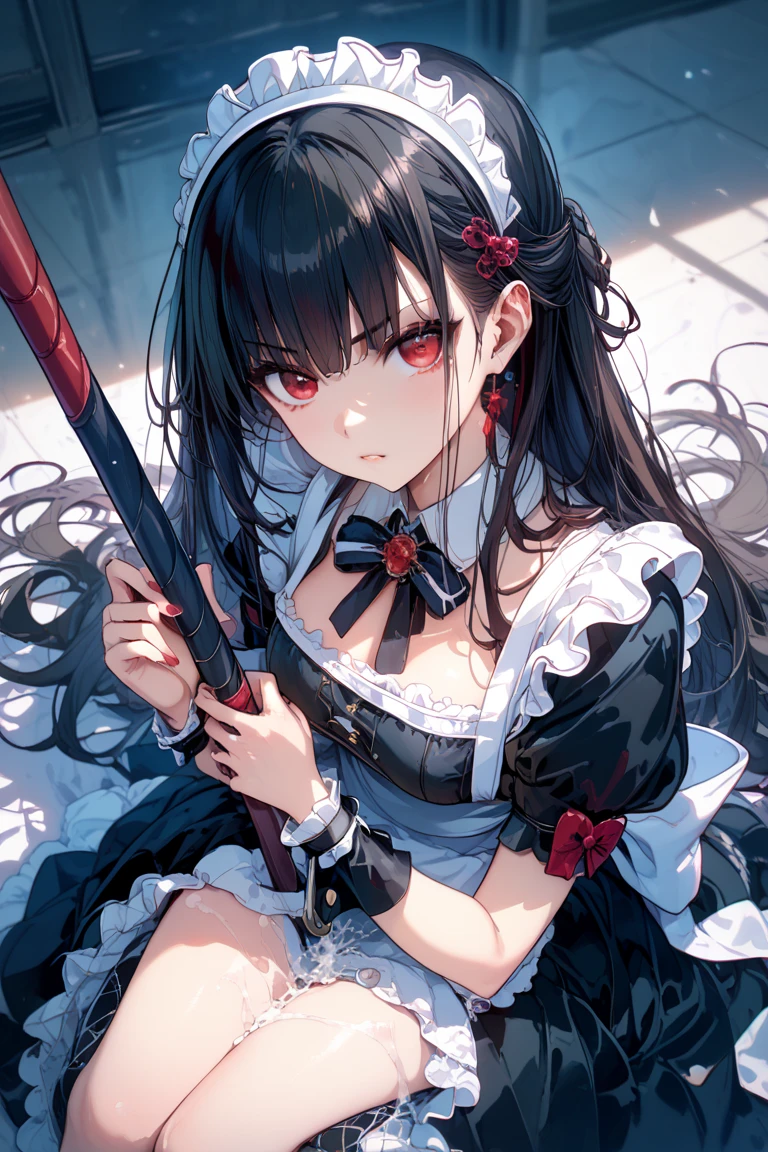 ((blood droplets)), ((blood)), ((blood splatter)), ((blood on clothes)), ((blood stain)), Masterpiece, Beautiful art, professional artist, 8k, Very detailed face, Detailed clothing, detailed fabric, 1 girl, Chiori \(genshin impact\), standing, perfectly drawn body, big breasts, shy expression, pale skin, beautiful face, long black hair, Blue eyes, very detailed eyes, pink cheeks, choker:1.6, (white collar button down long sleeve shirt), black gloves, gloves that cover hands, (holds an ax with his right hand), (black leather corset), (shiny black leggings), Sensual Lips , evening de invierno, show details in the eyes, looking at the viewer, Dark road, dark forest, evening, Atmosphere, fog