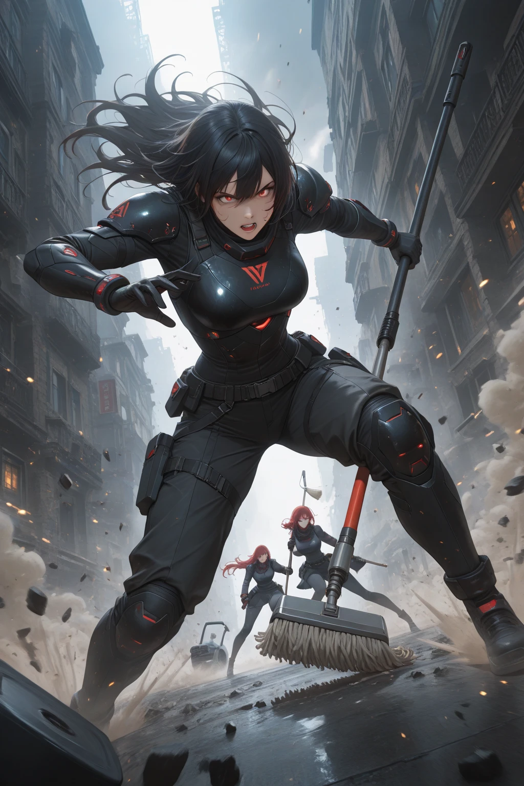 A black-haired female warrior wearing armor cries in the midst of war and fire., wide angle photography, Realistic beauty, high resolution, Excellent quality, Masterpiece