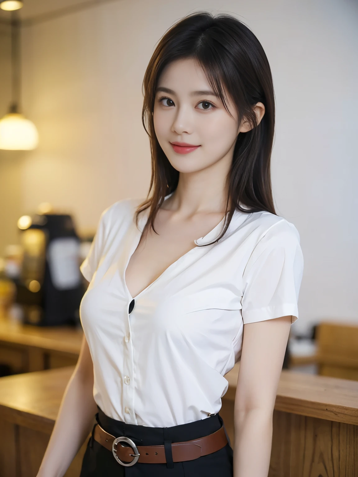 delicated,tmasterpiece,beautifuldetails,extremely colorful,Exquisite details,Delicate lips,The details are complex,Large breasts,1人の女性,(A beautiful 20 year old cute Korean woman:1.1),(kpop idol,Korean mixed-race),(50mm Sigma f /1.4 ZEISS lens, F1.4, 1/800s, ISO 100, photograpy:1.1), (brunette color hair:1.2), (photorealistic:1.4), (spy:1.2), (open jacket,shirt, skirt,pendant,black color dress,Bigchest,low chest,christian louboutin\(brand\),:1.3),耳Nipple Ring,choker necklace,armlets,(tavern,bar:1.2),(beautifullegs,High girl,skinny,slim_legs,thigh_gap,model:1.2),Lens flare,seen from the front,(Happy smile:1.1),dynamicposes,(putting makeup on:1.2),Sit on the bar stool,