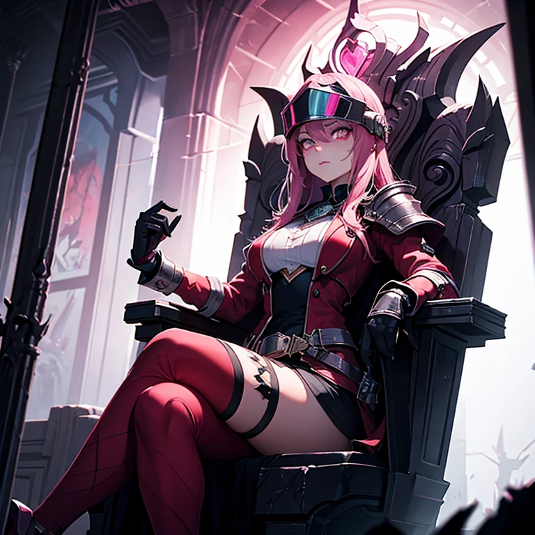 (waifu), ((sitting on giant throne)), ((huge throne)), throne on top of moving machine, more background, medieval, (full body), (high resolution), (high res), great quality, mature, perfect eyes, strong shadows, detailed face, detailed abs, direct light, under light, strong jaw,  massive ass, neon lights, thick thighs, long torso, wide waist, skinny torso, fit, perfect face, neon light, (tight armor), (colorful vibrant light),
