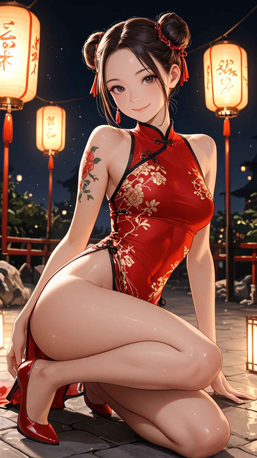 a sexy woman, (best quality), (masterpiece), (1girl), slim, anime, (flat chested), (chinese dress), (standing), (protrait), (naked legs), (view from above)