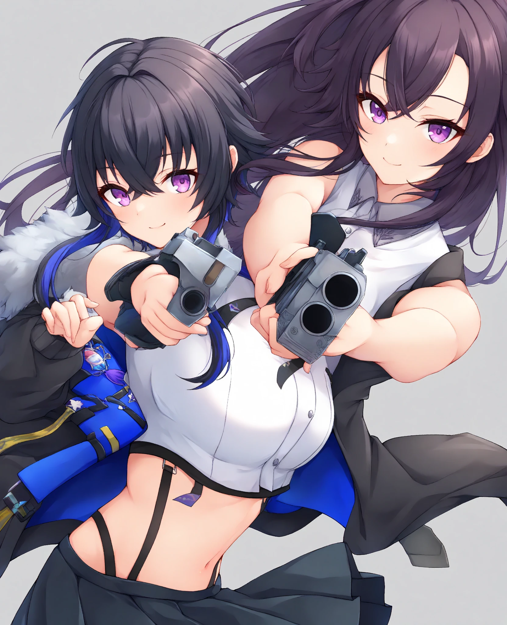 Women black, curvy body, black cyberpunk fit, chocolate skin, dark brown eyes, black afro hair, holding a scythe.
couple.
male Mexican male, hair short , dark brown eyes, buff, black cyberpunk, black face mask, holding duo weapons.
holding each other galaxy background