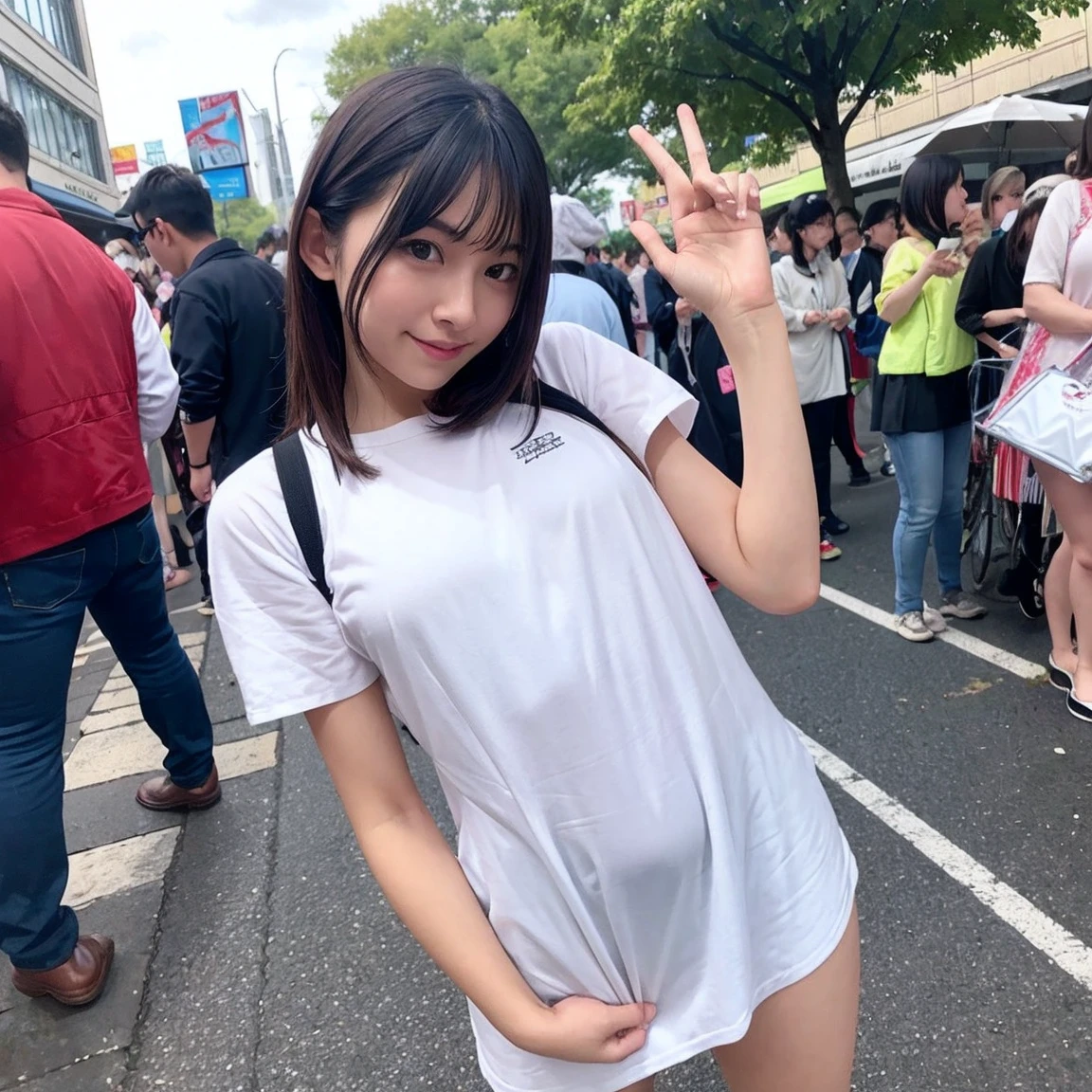 high res,realistic,best quality, masterpiece,xxmixgirl,1girl,japanese girl,1woman walking naked,(nude), flat chest、cute face,black hair,hime cut,blush,smile,small breasts,sneakers,outdoor,city road,Marathon,running,(audience)、Being supported by classmates、bottomless、show off pussy、Open leg pose、peace sign