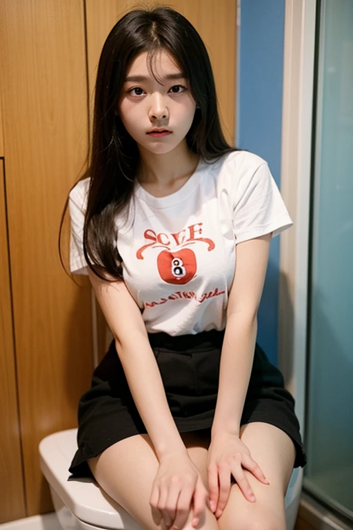Pieces fly, Highest quality, figure, Very detailed, Fine details, High resolution, 8K,wallpaper, Perfect dynamic composition,(Detailed high quality, Realistic depiction of eyes:1.3), (Shortcuts), (The perfect fit T-shirt,Large Breasts, mini skirt), Big Natural Color Lip, Bold sexy pose, ((14-year-old girl))、(Cute type、Lolita)、Beautiful feet, Hotel Rooms, Gravure idol pose, (Woman standing on top, Straddle, sit)