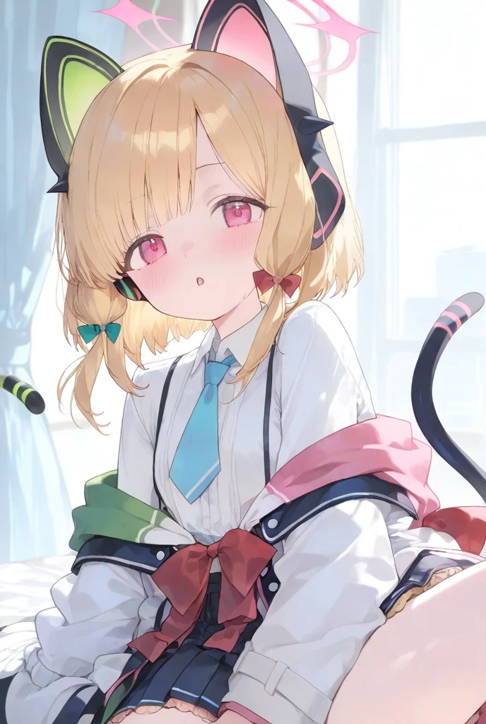 Masterpiece, hd ,2d, best quality, momoi (blue archive), brown hair, cat headphone,sitting,blush,cute bra,bow panties,no wear,