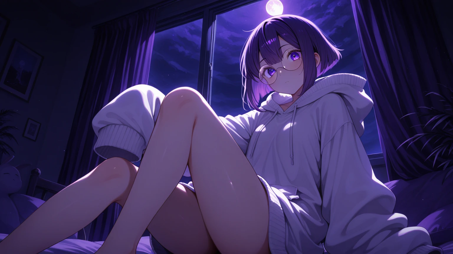 anime screencap, night city, moon, 1girl, solo, short hair, black hair, purple eyes, looking at the viewer, hair between eyes, front, cowboy shot, closed mouth, smirk, sweatshirt, sleeveless, shorts, groin, squats, legs apart, bare legs, chubby legs, big ass,