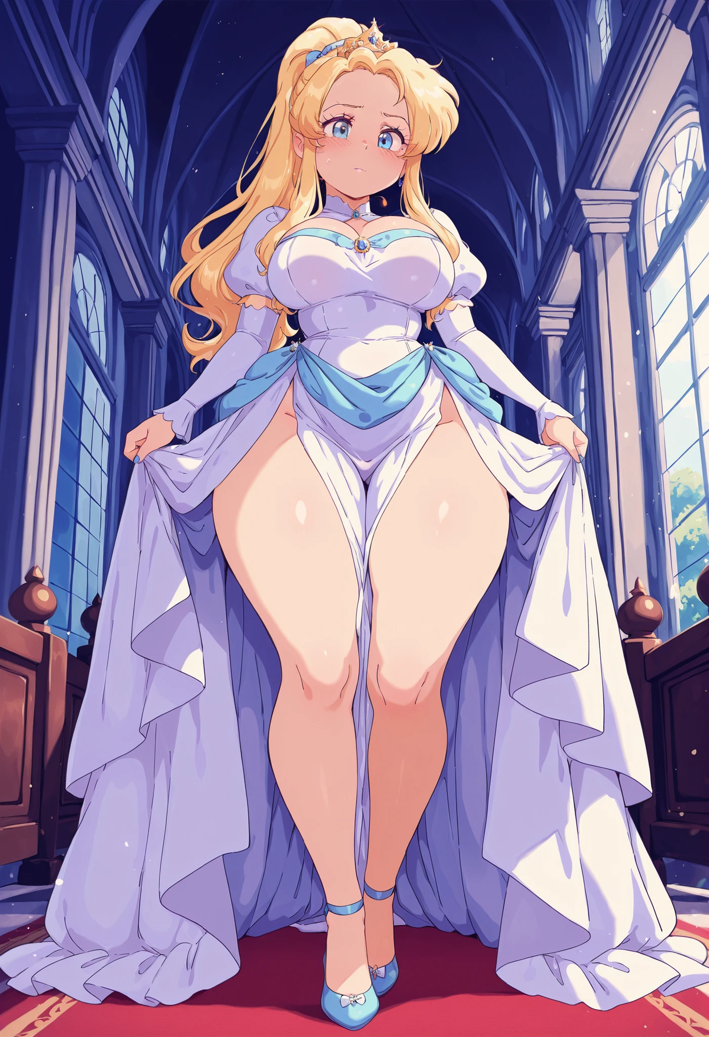 anime. 1 Girl. Cute girl. Princess. Pregnant. Disabled person. Blonde. Long hair. Wavy hair. Blue eyes. Beautiful eyes. Beautiful eyes. Expressive eyes. Ideal face. beautiful nose. 16 years. Medium breasts. Beautiful breasts. Urinary incontinence. Wants to pee. I need to pee. A strong, desperate urge to pee. Hands on crotch. He squeezes his crotch tightly. Rubs the crotch. She peed herself. Urine
flows down your thighs. Ideal anatomical body. Beautiful long legs. Diadem. Neat earrings. Pearl necklace. Luxurious white dress. Victorian style dress. White gloves. Heeled shoes. Wheelchair. Sits in a wheelchair. Full height.
The Royal Castle. Royal Garden. Beautiful character design. Shiny skin. Full body. NSFW. Official art. Extremely detailed CG Unity 8k wallpaper. Ideal lighting. Ultra high resolution 4K. Super detailed 8K resolution. A high resolution. Masterpiece. Best quality.
