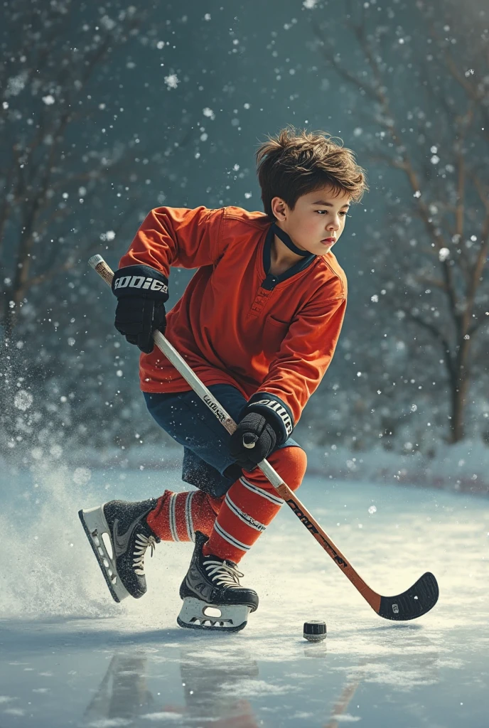 A single boy playing ice hockey wearing a gersy no. 30 named Nadeem jr back ground mountain 